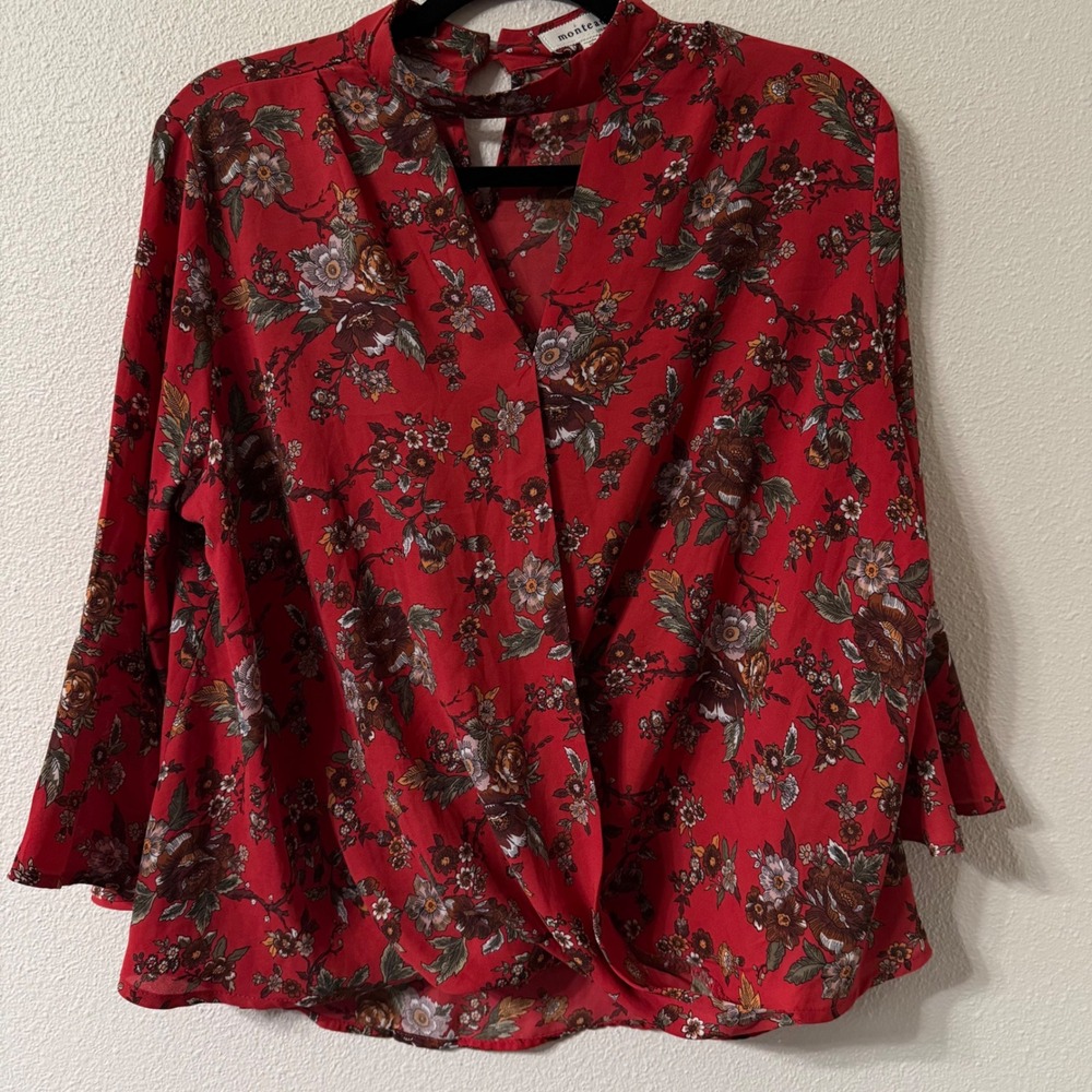 Monteau Los Angeles Red Fall Floral Mock Neck Faux Wrap Bell Sleeve Blouse Large